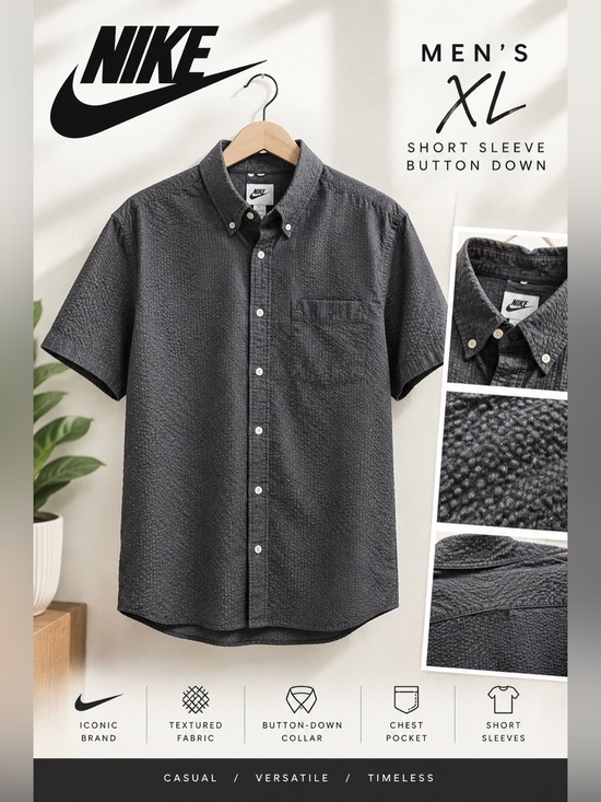 Nike Other - Nike Men’s XL Textured Short Sleeve Button Down Shirt Gray Charcoal Woven Casual